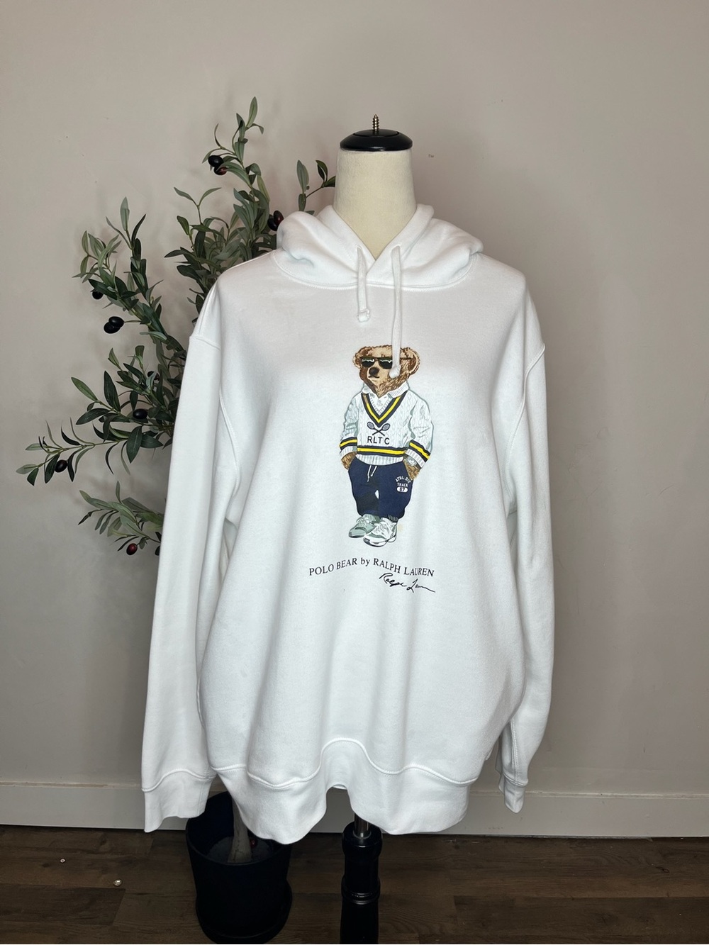 Ralph Lauren White Polo Bear Hoodie with Navy & Gold Accents